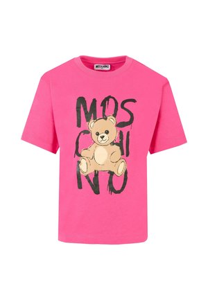 Roze katoenen t-shirt met een cartoonbeer graphic en de tekst "MOSCHINO" in vet zwart. Korte mouwen en een ronde hals.