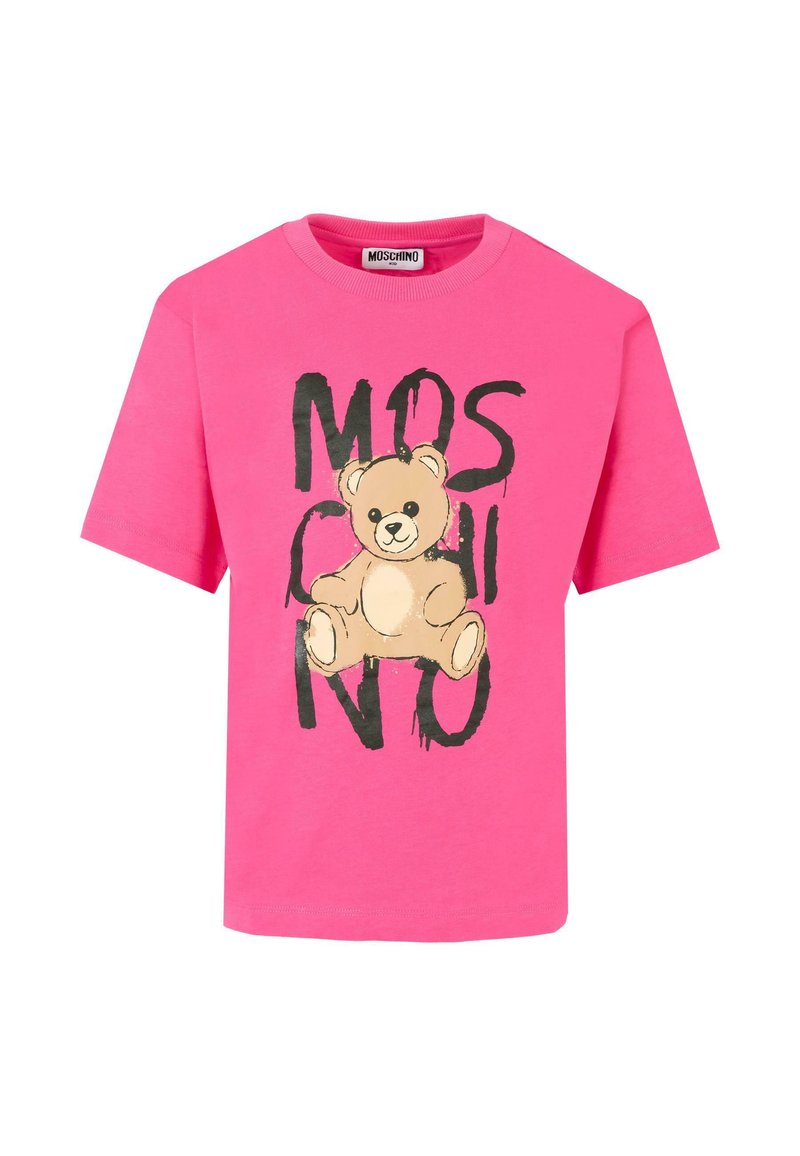 T-shirt di cotone rosa con grafica di un orso cartone animato e testo "MOSCHINO" in bold nero. Design con maniche corte e collo a giro.
