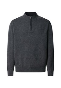 Sweater gris foncé avec un design à col montant, présentant une fermeture éclair quart de tour et des poignets et un ourlet côtelés. Fabriqué en matériau tricoté doux.