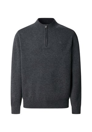 Suéter gris oscuro con un diseño de cuello alto, que cuenta con una cremallera de un cuarto y puños y dobladillo acanalados. Hecho de un material de punto suave.