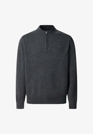 Maglione grigio scuro con design a collo alto, dotato di zip a un quarto e polsini e orlo a costine. Realizzato in morbido materiale a maglia.
