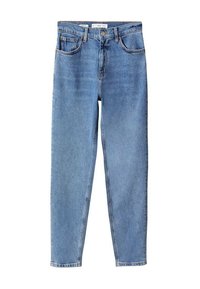 Jean denim bleu droit avec poches avant, passants pour ceinture et fermeture à bouton et zip, posé à plat sur fond blanc.