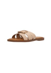 Infradito beige con tre cinturini larghi, caratterizzati da un elegante dettaglio in metallo color oro. Suola piatta con una comoda soletta color nocciola.