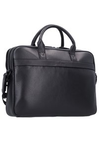 Maletín de cuero negro con superficie texturizada, asas dobles y una correa desmontable. Presenta un diseño elegante y un cierre con cremallera.