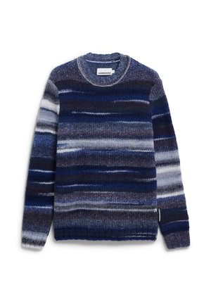Blauer Strickpullover mit variierenden horizontalen Streifen in Marineblau, Hellblau und Grau. Hat einen gerippten Rundhalsausschnitt und Bündchen.