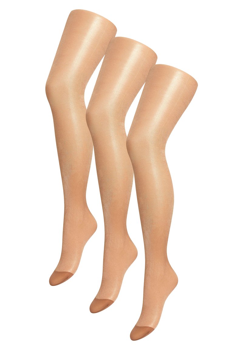 Nude sheer pantyhoes, glanzende afwerking, knielang, soepele textuur, verstevigde tenen, drie paar, subtiele kleurvariatie.