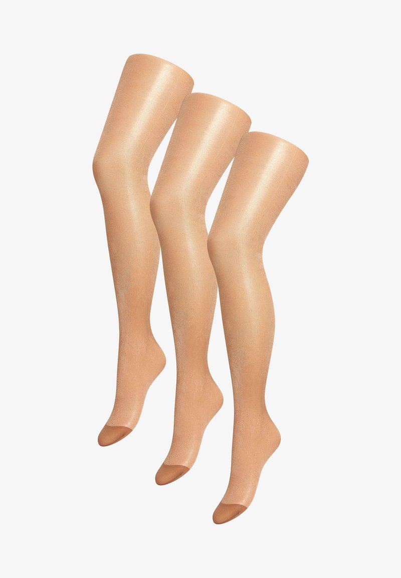 Collants transparents nude, finition brillante, longueur hauteur genou, texture lisse, pointes renforcées, trois paires, variation subtile de teinte.