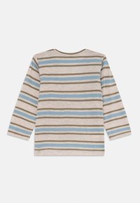 Long-sleeved, back view of a light-colored shirt featuring horizontal stripes in brown and blue.