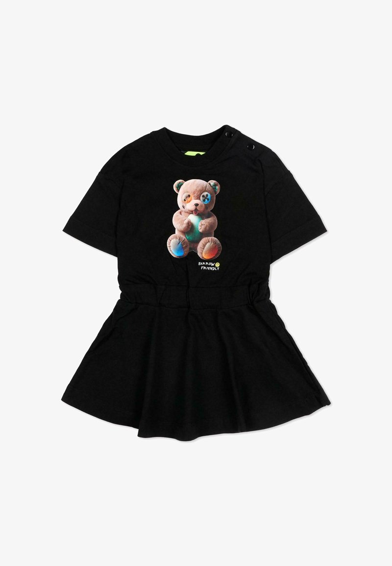 Robe noire à manches courtes avec un col rond, des boutons-pression sur l'épaule, et un graphisme d'ours en peluche avec des patchs colorés et le texte "Barrow Friendly".