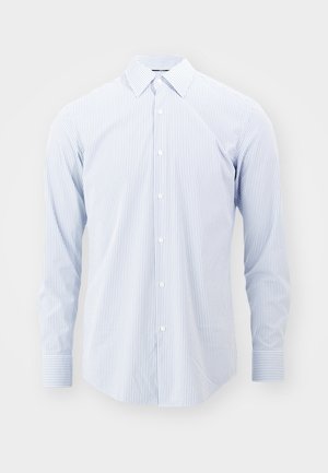Light blue and white striped long-sleeve shirt with a classic collar, button-down front, and cuff details. Smooth fabric texture.
