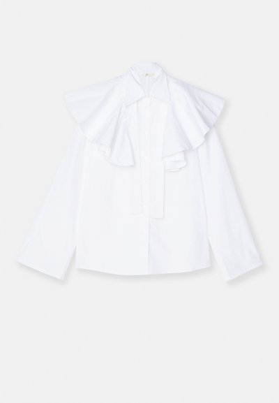 White cotton shirt with a large, ruffled collar and long sleeves, featuring a button-down front and a straight silhouette.