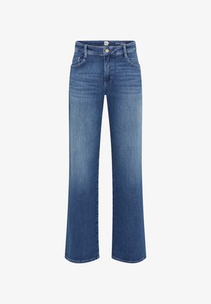 Jeans bleus taille haute en denim de poids moyen, avec une jambe droite, des poches avant et un effet de décoloration subtil.