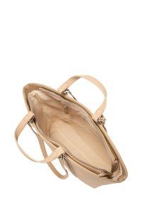 Borsa in pelle beige con doppio manico, imbottitura superiore con zip aperta e fodera interna in tessuto liscio con una piccola tasca con zip.