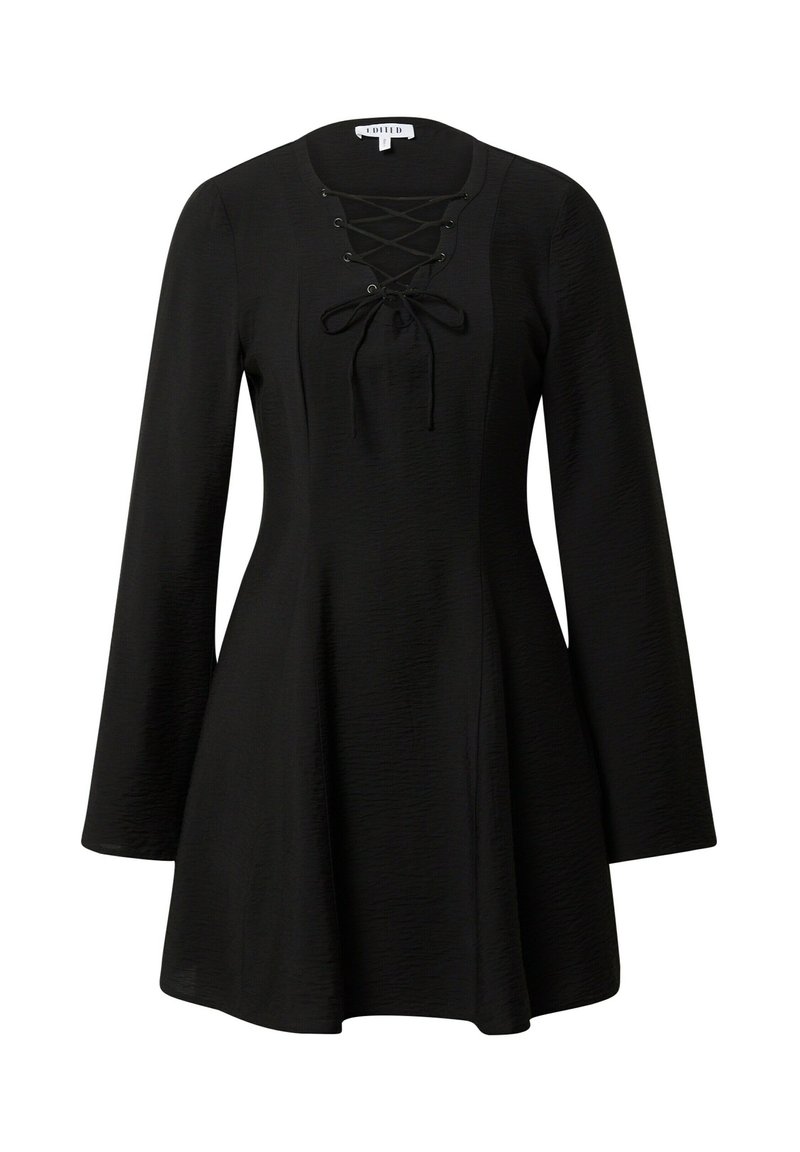 Schwarzes langärmliges Kleid mit Schnürung vorne, strukturiertem Stoff, ausgestelltem Rock und tailliertem Oberteil. Minimalistisches Design mit lässigem Look.