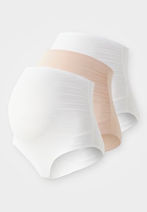 Três pares de roupa interior de maternidade sem costura de cintura alta em branco e bege, projetados com tecido elástico para conforto e suporte.