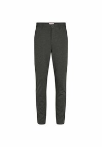 Pantalones slim-fit de color gris oscuro con cierre de botón y cremallera, trabillas para cinturón y una textura de tela suave y elástica.
