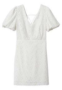 Robe courte blanche avec manches bouffantes, dos découpé et motif ajouré complexe. Silhouette ajustée et ourlet à hauteur du genou.