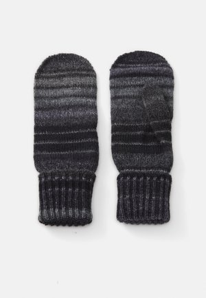 Knitted mittens in gradient shades of black and gray, featuring a ribbed cuff and a separate thumb design for warmth and comfort.