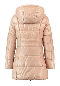 Jasno beżowy, pikowany, damski płaszcz zimowy z długimi rękawami, przeszyciem pikowanym oraz przyszytym kapturem, widoczny od tyłu.