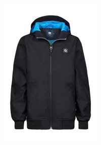 Schwarze Jacke mit blauer Kapuzenfutter, Reißverschluss vorne, Seitentaschen, elastischen Bündchen und Saum. Mit einem Logo-Patch auf der Brust.