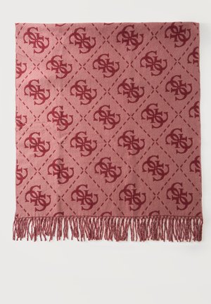 Écharpe rose à motifs avec des lettres entrelacées rouge foncé et des lignes diagonales en pointillés, finie avec une frange torsadée sur un bord.