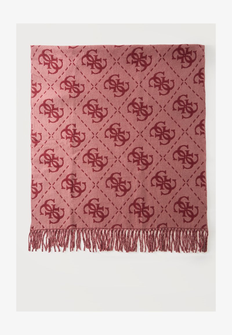 Écharpe rose à motifs avec des lettres entrelacées rouge foncé et des lignes diagonales en pointillés, finie avec une frange torsadée sur un bord.