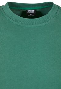 Sweat-shirt vert à col rond en coton doux, avec des poignets côtelés et une petite étiquette à l'intérieur. La texture est lisse et uniforme.