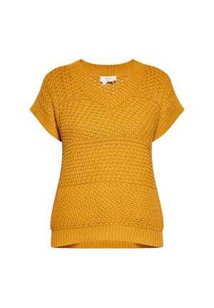 Sweter z krótkim rękawem w kolorze musztardowym, dziany z dekoltem w serek i fakturowanym wzorem, ściągacze na rękawach i u dołu.
