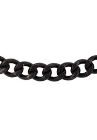 Catena in metallo nero con anelli intrecciati, caratterizzata da una superficie piatta e accenti lucidi. Il design è spesso e robusto, mostrando una consistenza uniforme.