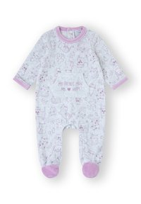 Pijama blanco con detalles en rosa, con un estampado repetido de ilustraciones de animales juguetones y el texto "MIS AMIGOS HACEN FELIZ MI ❤️".