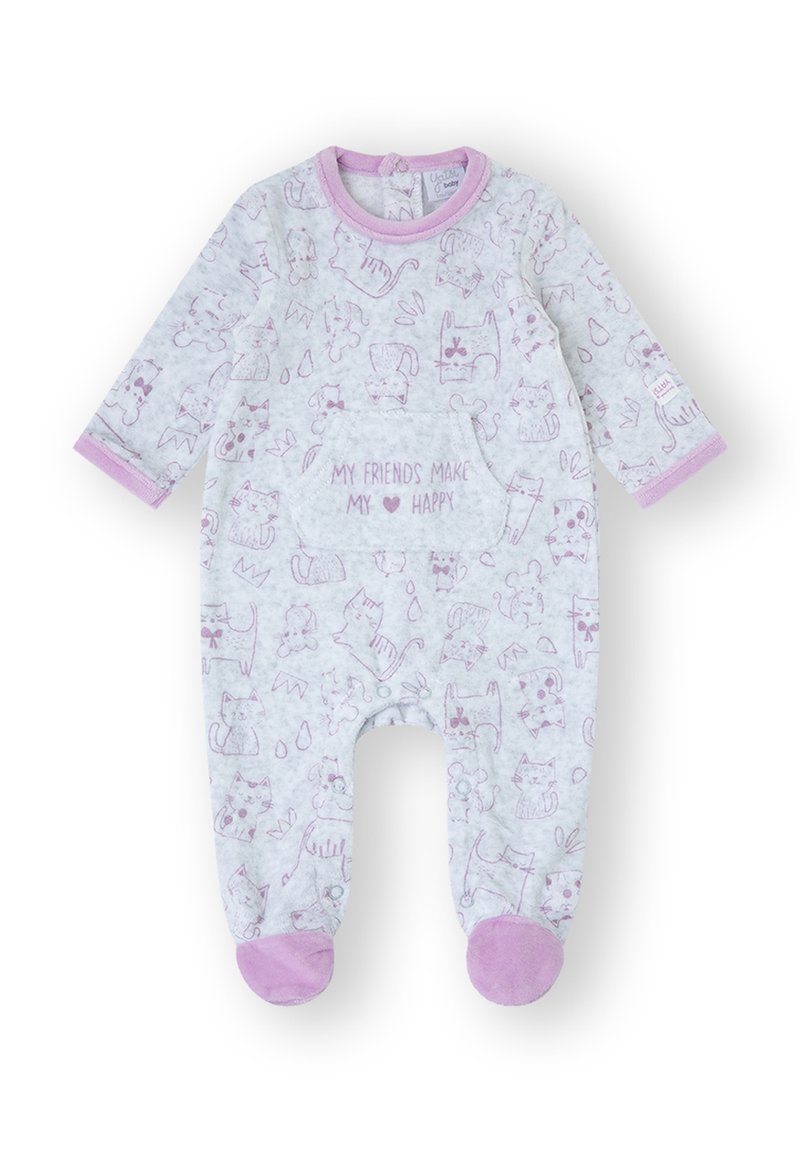 Pijama blanco con detalles en rosa, con un estampado repetido de ilustraciones de animales juguetones y el texto "MIS AMIGOS HACEN FELIZ MI ❤️".