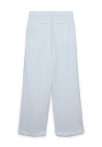 Weiße weite Hosen aus glattem Stoff, mit zwei Gesäßtaschen und einem sauberen Abschluss mit geradem Saum.