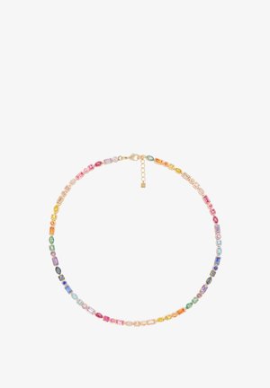 Flerfarvet perlekæde med forskellige formede glasperler i pink, blå, grøn og gul, sat på en kæde i guld tone.
