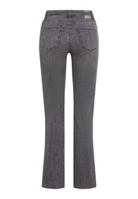 Jeans a zampa d'elefante in denim grigio con una finitura testurizzata, dotati di due tasche posteriori e chiusura con zip. Vita media con passanti per cintura.