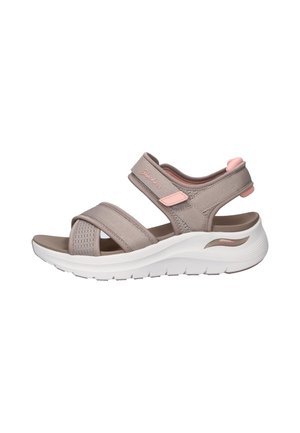 Sandalo da donna Skechers color taupe e rosa con cinturini regolabili e suola spessa bianca imbottita.
