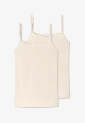 Dwie kremowe topy na ramiączkach z regulowanymi spaghetti, wykonane z gładkiego, lekkiego materiału. Prosty i klasyczny fason.
