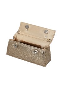 Rechteckige Clutch aus metallisch-goldenem Stoff mit Glitzereffekt. Innenraum ist beige und verfügt über Druckknöpfe sowie eine Fingerschlaufe zum Tragen.
