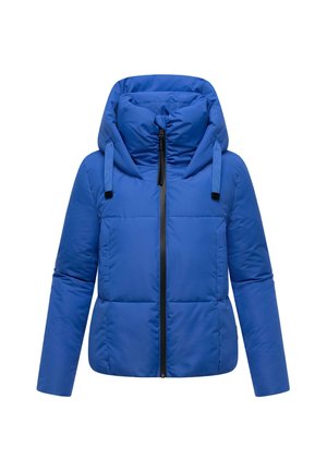 Blue padded jacket with a high collar, zip closure, adjustable hood, and contrasting black hardware. Smooth texture, warm insulation.