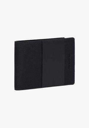 Black textured bi-fold wallet with a smooth central panel and subtle brand logo embossed on the right side.