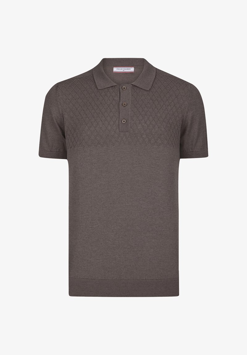 Pruun lühikeste varrukatega polo särk, mille ülaosas on diamond tekstuur, kolme nööbiga nööpauk ja ribaga varrukaotsad ning alumine äär.