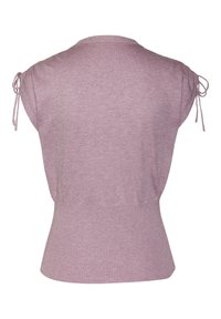 Rosa gestricktes Oberteil mit kurzen Ärmeln, hat geraffte Akzente an den Schultern und einen gerippten Saum für eine figurbetonte Silhouette.