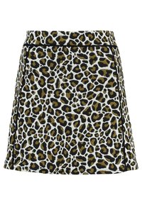 Falda de estampado de leopardo con una cinturilla ajustada y una silueta acampanada, en tonos de negro y tonos tierra sobre un fondo blanco.