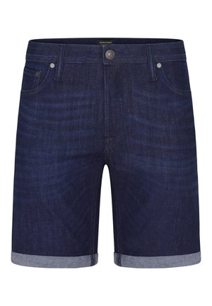 Shorts en denim bleu marine au design classique, avec un ourlet roulé, des poches avant et une fermeture à bouton métallique à la taille.