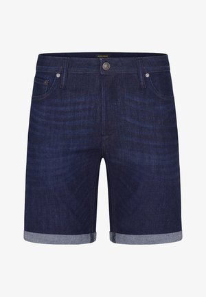 Ciemnoniebieskie szorty dżinsowe o klasycznym fasonie, z podwiniętym dołem, przednimi kieszeniami i metalowym zapięciem na guzik w talii.