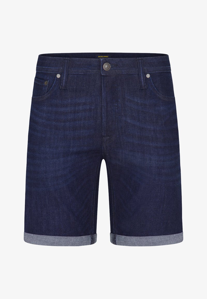 Pantalones cortos de mezclilla azul oscuro con un diseño clásico, que incluyen un dobladillo enrollado, bolsillos frontales y un cierre de botón metálico en la cintura.