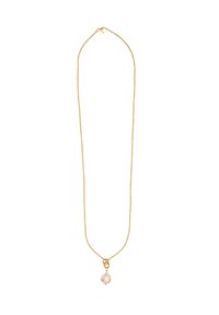 Guldkedja med ett delikat, ojämnt pärlhänge hängande från en liten, rund ögla. Slät yta och glänsande finish.