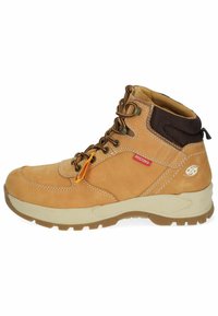 Bota de senderismo de cuero marrón claro con acentos de malla marrón, puntera redonda y collar acolchado. Presenta cordones marrones y una suela blanca con un dibujo texturizado.