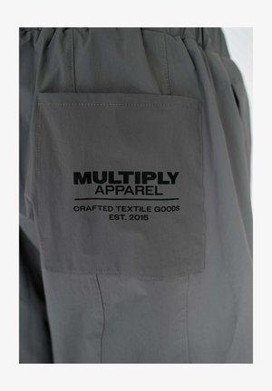 Graue Cargo-Hosen mit einer großen Gesäßtasche, die mit schwarzem Drucktext versehen ist. Das Material ist leicht und hat eine glatte Textur sowie einen elastischen Bund.