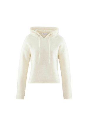 Felpa con cappuccio color crema realizzata in morbido materiale, con una vestibilità comoda, presenta un collo a V e dettagli con lacci.