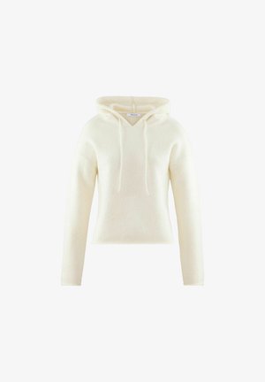 Felpa con cappuccio color crema realizzata in morbido materiale, con una vestibilità comoda, presenta un collo a V e dettagli con lacci.